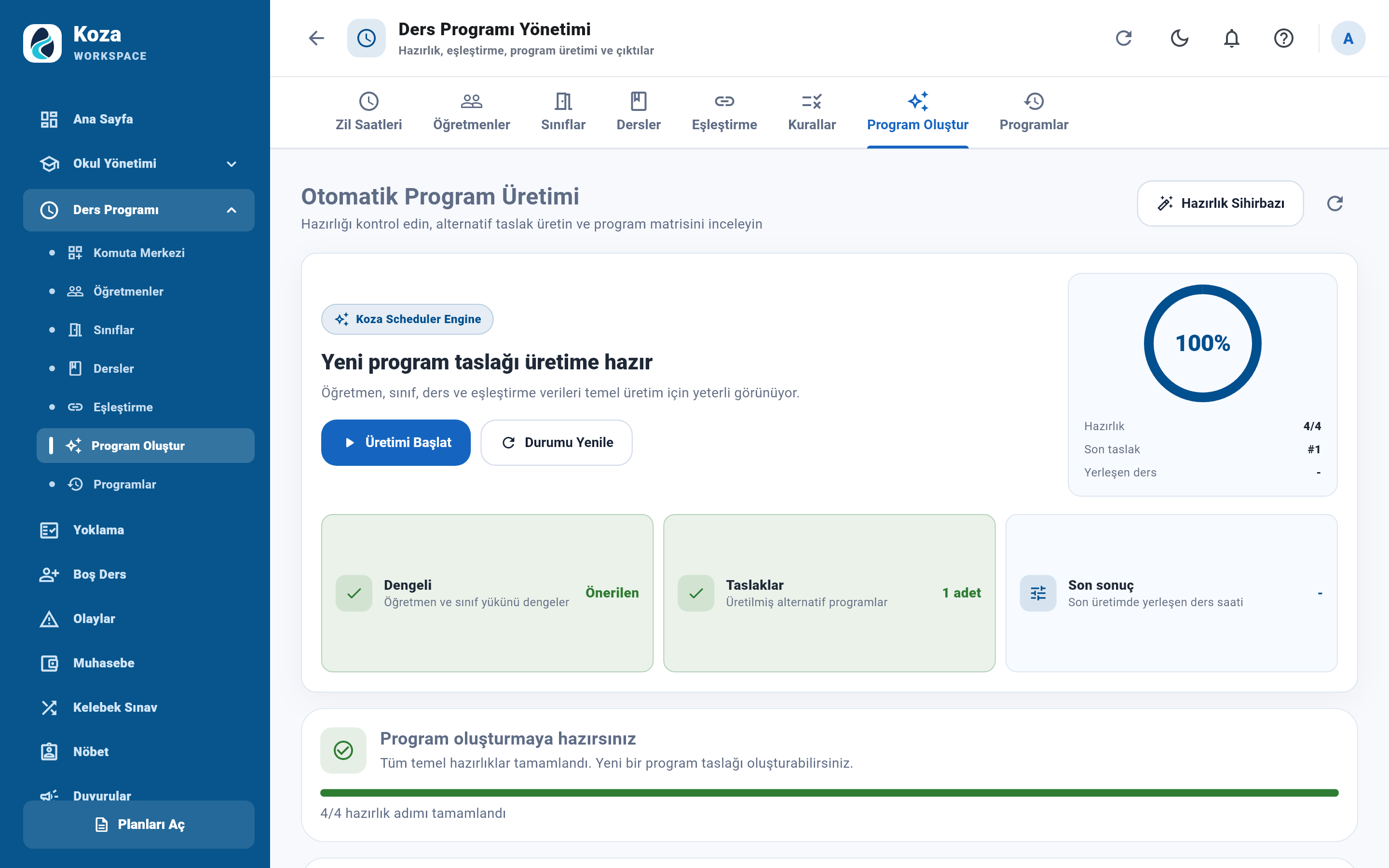Otomatik program üretimi ekranı