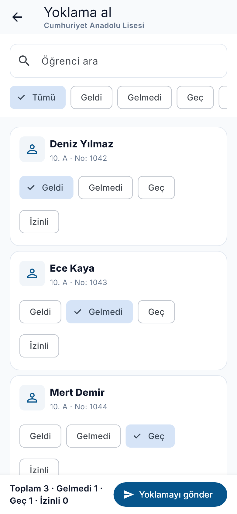 Koza Öğretmen Yoklama ekranı