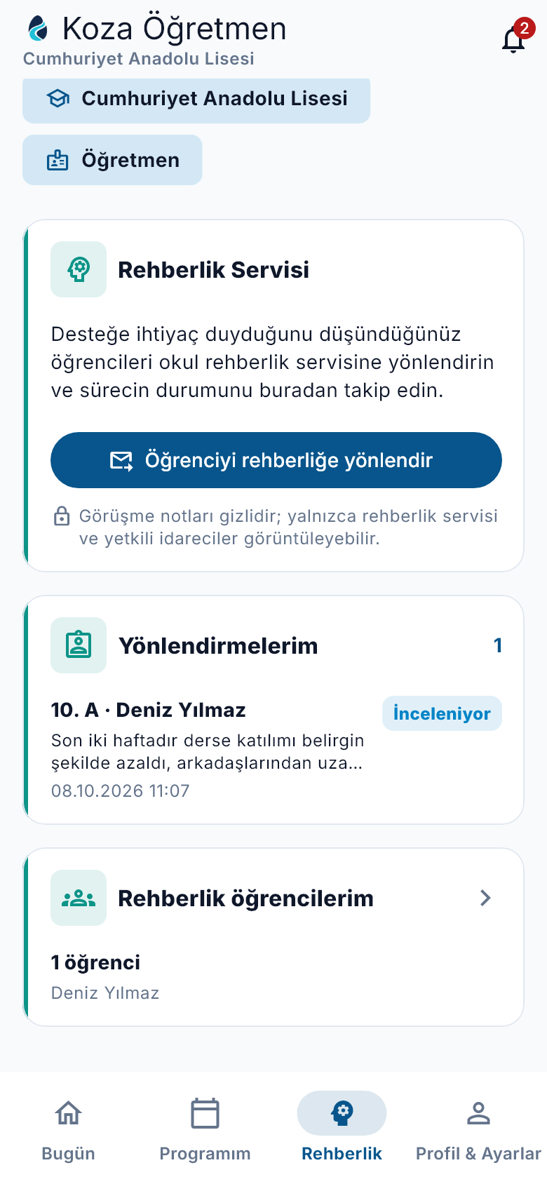 Koza Öğretmen Rehberlik ekranı