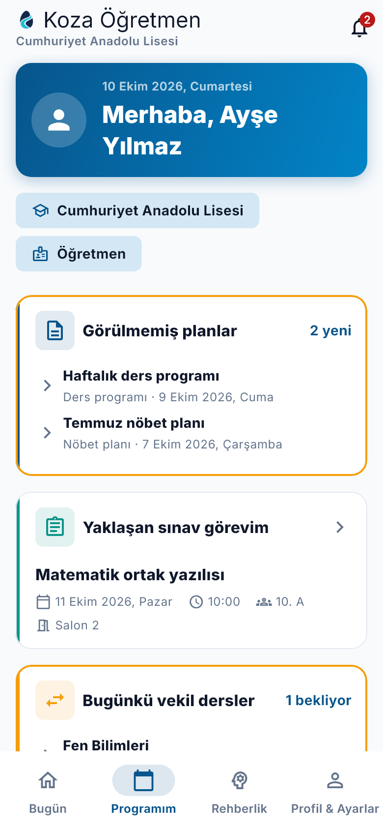 Koza Öğretmen: Programım ekranı