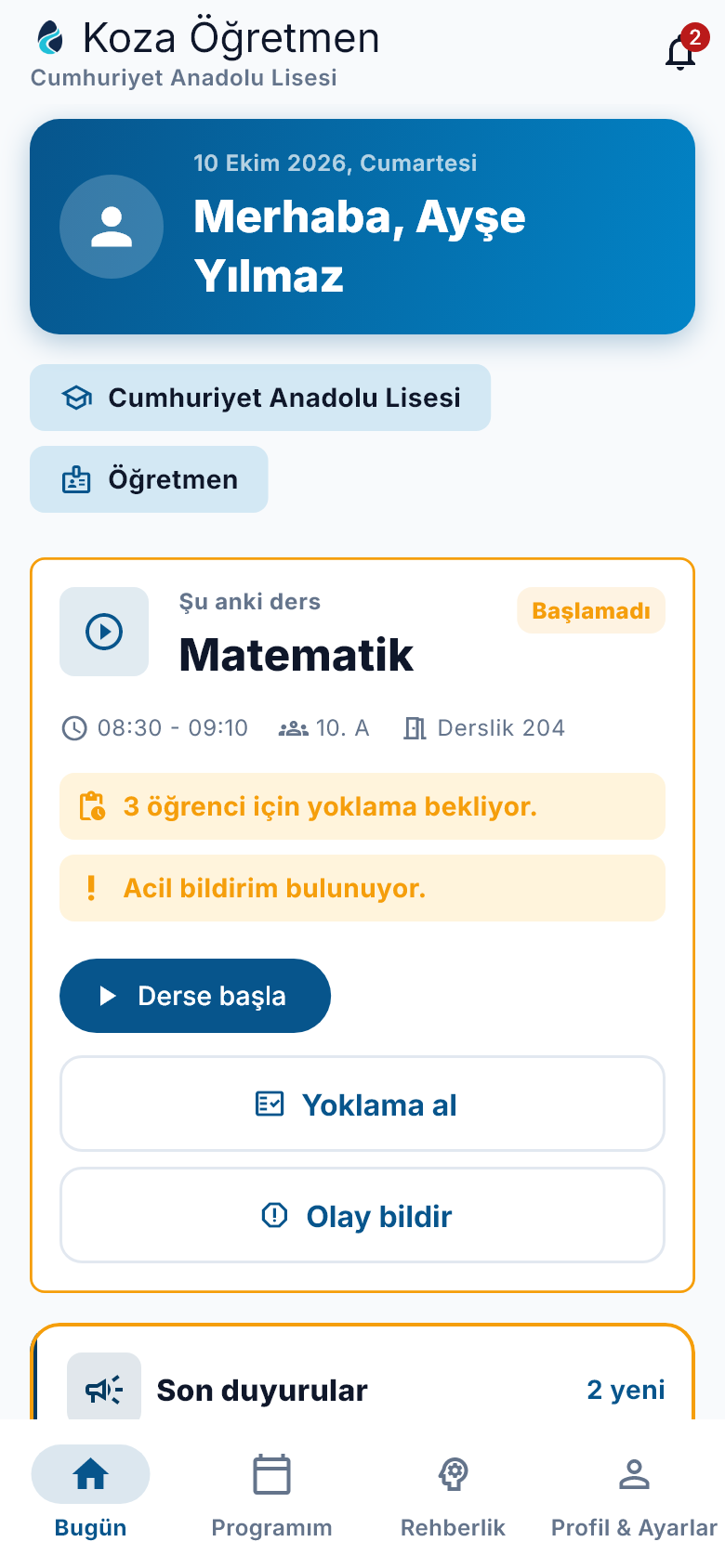 Koza Öğretmen uygulamasında Bugün ekranı